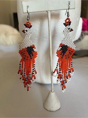 Handmade Beaded Orange, White & Black Fringe Earrings